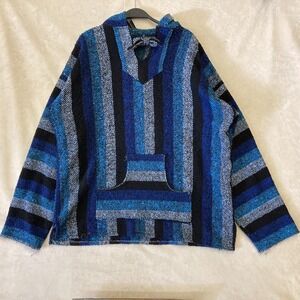 Drug Rug Hoodie Pullover Adult Size Large Blue Striped Long Sleeve Hooded Mens